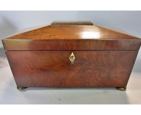 19th century mahogany sarcophagus tea caddy, later mixing bowl, two clothes brushes, old brass sprung paper clip