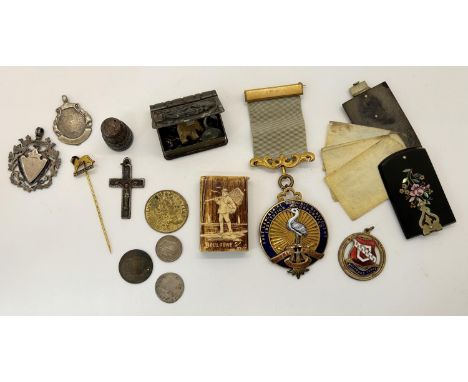 Small collection of miscellaneous items to include fobs, thimble, crucifix, etc, gaming spade guinea, Victorian black lacquer
