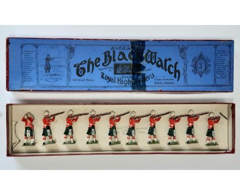 Britains set 122, Black Watch complete with 9 Highlanders standing firing and Officer with binoculars,  original Whisstock bo