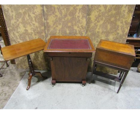 19th century snap top table on turned pillar and tripod, a 19th century writing desk with inset leather top over a tower of d