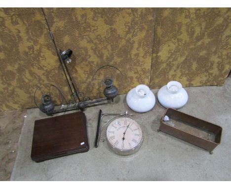 Miscellaneous effects including Victorian style twin branch brass ceiling light with white opaque shade, brass rise and fall 