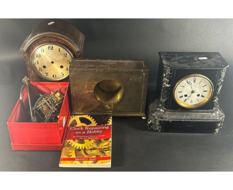 Victorian black slate and marble mantle clock with eight day striking movement, further oak cased mantle clock (incomplete) a