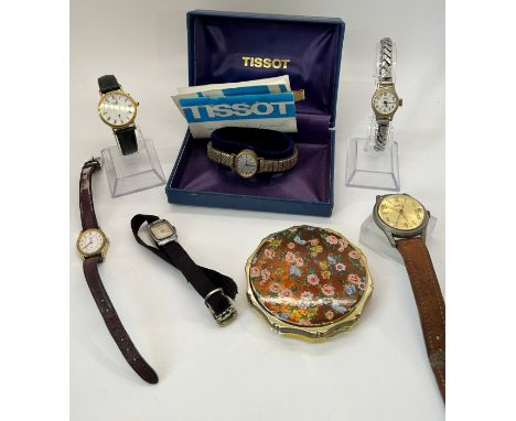 Collection of vintage watches to include a Tissot 9ct watch on plated bracelet, plus a boxed Kigu compact 