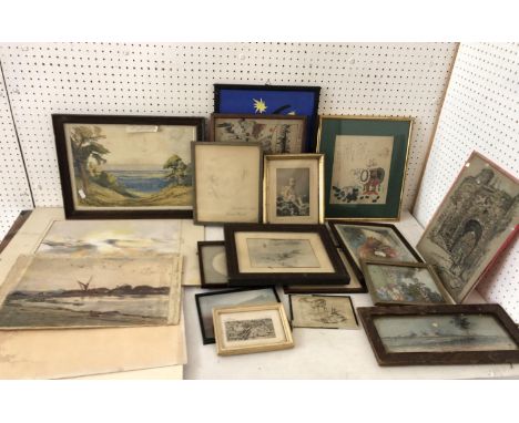 A collection of early 20th century watercolours, prints and drawings including: Henry Charles Brewer (1866-1943) - boat by th