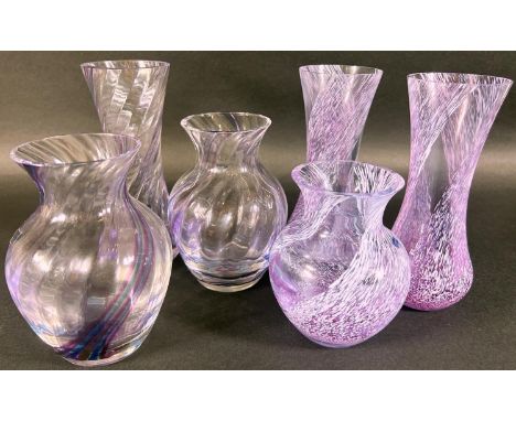 Six examples of Caithness glass vases from the Flamenco collection, all in lilac with spiral decoration 