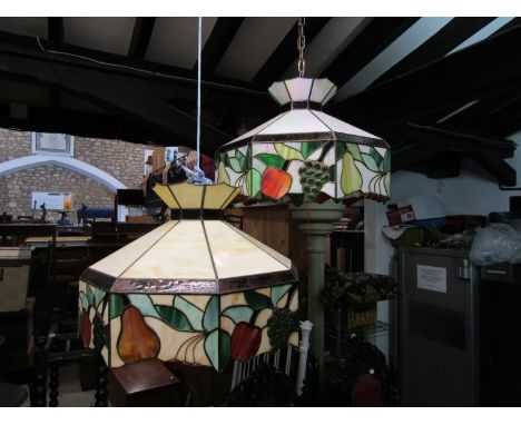 A pair of leaded light ceiling shades of octagonal form with trailing fruit 50 cm diameter 