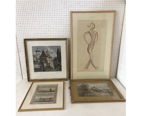 Four works by different artists: British School, Early 20th Century - Farmer on a Hay Cart, watercolour, signed J.A.S. and da