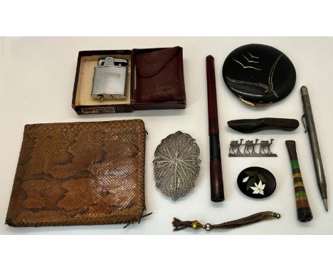 19th century treen shoe, monogrammed EW, vintage Ronson lighter, powder compact, lizard skin and wallet, etc 
