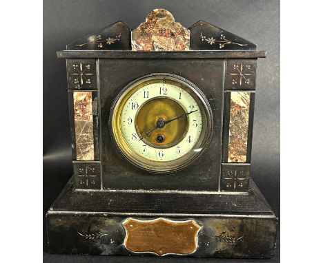 A Victorian black slate and marble mantle clock, the case of architectural form enclosing an eight day time piece with presen