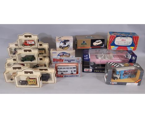 Collection of boxed model vehicles including Maisto 1:18 scale 1959 Cadillac, Corgi CC82272 24ct Gold Plated 50th Anniversary