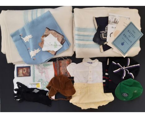 Mixed vintage textile lot including 2 large woollen blankets, various sheets, a Clydella baby outfit, child's velvet cap, han