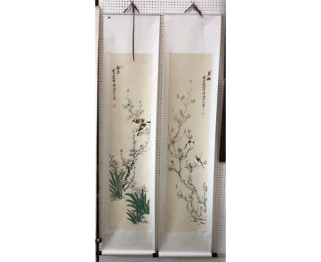 Pair of Chinese scroll paintings of birds on branches, ink and watercolour on paper, both bearing two red seals with inscript