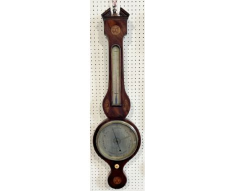 A Georgian mahogany wheel barometer, the silvered dials encased with shell inlaid detail and string banded borders by Firiehe