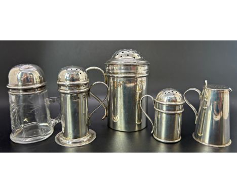 A Silver lot of various designs salt and pepper pots in the form of flour sifters, mixed makers, weight 5 oz approx