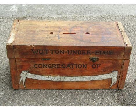 A simple pine collection box - The Wotton Under Edge Congregation of Jehovah's Witnesses, together with four painted panels d