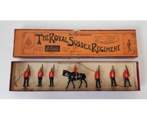 Britains set 36, Royal Sussex Regiment complete with mounted Officer in original Whisstock box with tie-in card insert, unstr