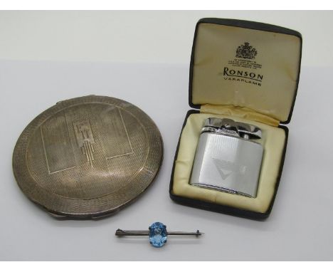 Large 1930s silver compact with engine turned detail, together with a boxed Ronson lighter and a bar brooch (3) 