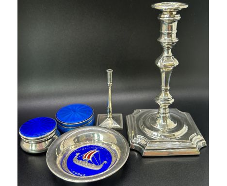 A mixed lot of silver and enamel items, including a pin tray with enamel detail of a Viking longship and two further pill box