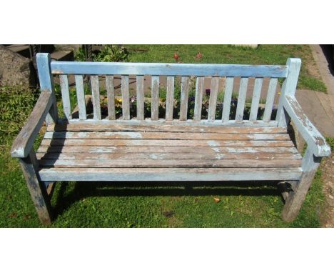 A vintage heavy gauge light blue painted and weathered teak garden bench with slatted seat and back, 153cm wide 