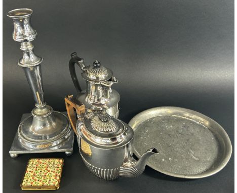 A silver plated tea and coffee pot, a single silver plate candlestick, a compactum, a hammer finished pewter plate and two fr