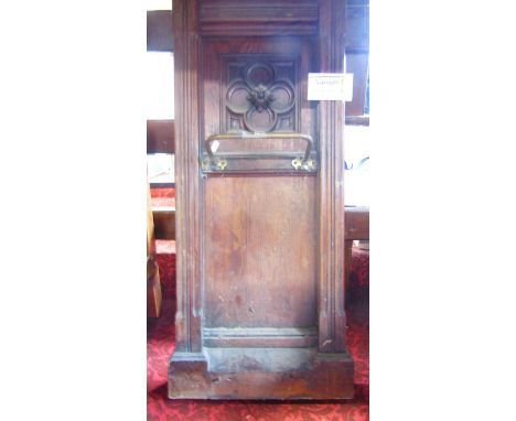 Miscellaneous collection of items to include a painted earthenware jug, an enamel pitcher, a print of Wales, a church pew end