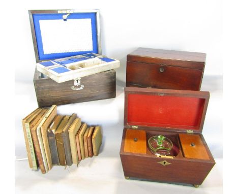 A 19th century sarcophagus mahogany tea caddy, a coromandel wood sewing box with original fitted interior, and mahogany box w