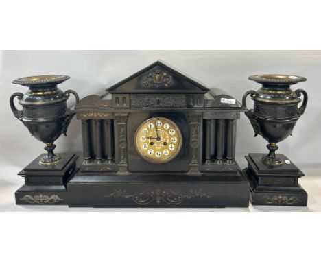 A large Victorian black slate portico mantle clock, the eight day striking movement set within six column supports and furthe