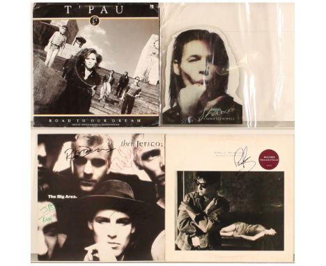 Autographed Pop Records to include Paul Young, Between Two Fires with autograph to front and complete with merchandising leaf