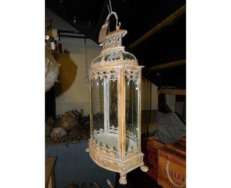A classical style cream painted wrought iron and glass hanging lantern - H70cm
