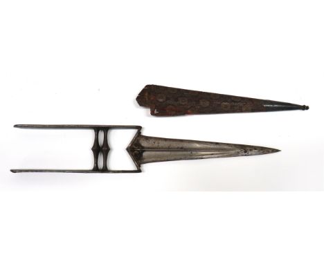 Early 19th Century Indian Katar10 inch, double edged blade with double fuller and central raised rib.   Long, steel wrist bar