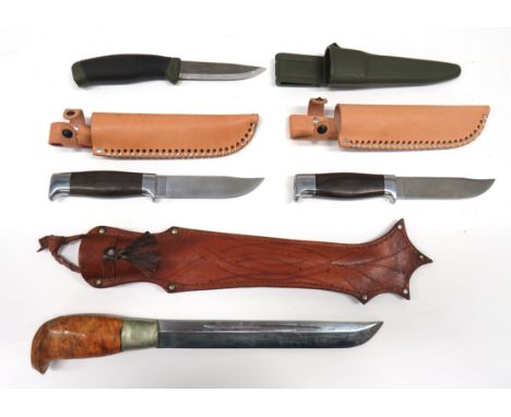 Four Various Scandinavian Knivesconsisting a Finnish example.   9 inch, single edged blade with narrow fuller.   Etched reind