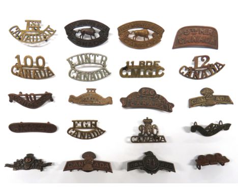 20 x Canadian Brass Shoulder Titles Including WW1 Examplesincluding darkened 10 Mounted Rifles ... Darkened 9th M.R. Canada .