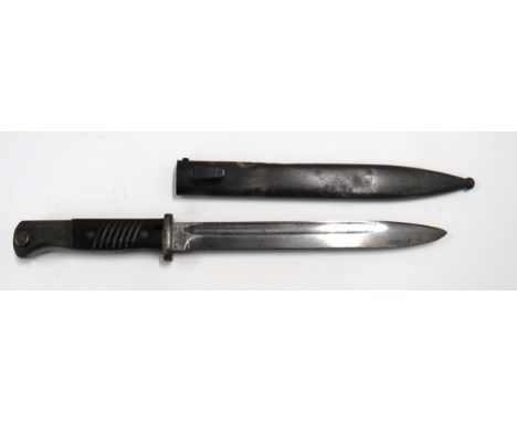 WW2 German K98 Bayonet9 1/2 inch, single edged blade with fuller.   Forte marked "E Pack & S".   Back edge faint date "39".  