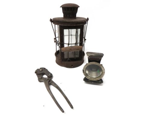 WW1 Dated 1916 Trench Lanternpressed tin body with frame covering glazing.   Top opening housing.   Steel wire and wooden han