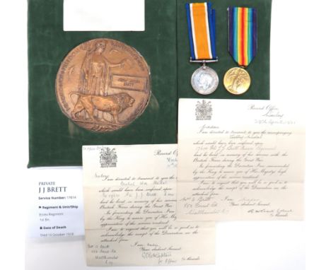 WW1 Essex Reg Casualty Medal Pair And Memorial Plaqueconsisting silver War medal and Victory named "17614 Pte J. J. Brett Ess
