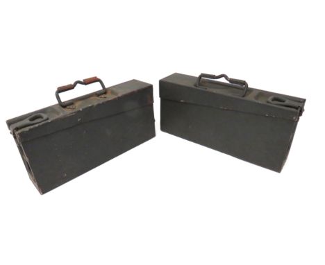 Two WW2 German MG34/42 Ammunition Boxes  Grey green painted steel rectangular boxes . End hinged lids with large securing cli
