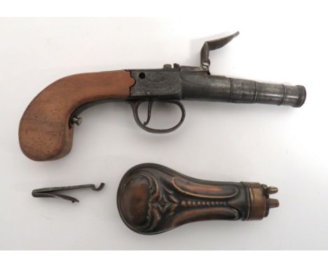 Late 18th Century Flintlock Pocket Pistol By F Archer.400, 3 inch, steel, turn off cannon barrel.   Flat side body with flora
