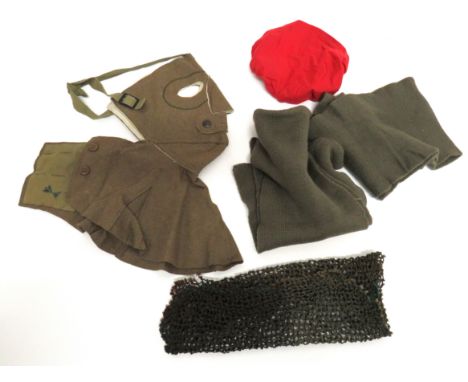 Small Selection of Various Head-dress  Consisting American cold weather khaki felt face and neck mask . Rear braid securing s