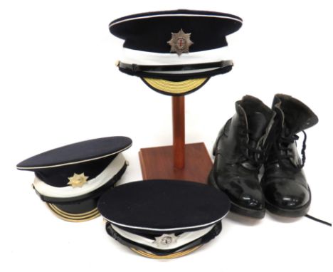 Three Post 1953 Coldstream Guards Dress Capsconsisting black crown and body with white piping and band.   Black chinstrap sec