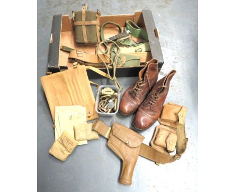 Selection Of WW2 British Equipmentincluding brown leather, Officer's ankle boots ... 1944 dated, webbing map case ... 1937 pa