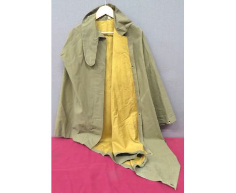 WW1 Pattern British Army Capekhaki, rubberised, tan linen cape.   Lower mitre corners as used in WW1.   The front fastened by