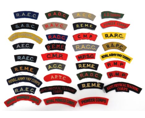 35 x Embroidery And Printed Corps Shoulder Titlesembroidery include R.A.D.C. ... RAVC ... REME ... ACC ... RACC ... SASC ... 