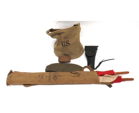 Various WW1 Period American Equipmentconsisting canvas bucket stamped "US" and dated 1918 .. Set of 2 signal flags complete i