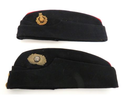 Two Royal Marines Coloured Forage Capsconsisting Officer's example.   Black crown, body and curtain.   Red piping to crown.  