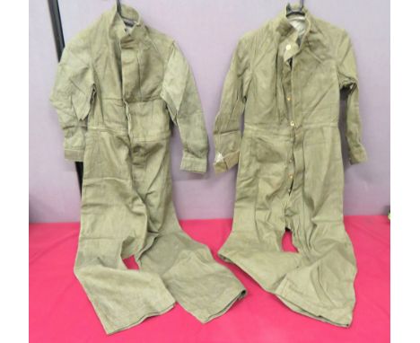 Two WW2 A.T.S Denim Overalls , Dated 1942  Green denim full suits . Front brass fly button fastening . Left breast with open 