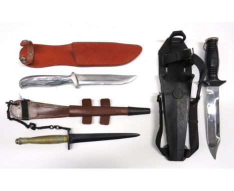Three Various Knivesconsisting post war, F & S pattern knife.   6 1/2 inch, double edged blade.   Oval crossguard.   Ribbed a