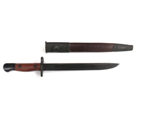 Australian Owen Sub Machine Gun Bayonet10 inch, single edged, darkened blade with short fuller.   Forte dated "2/45".   Black