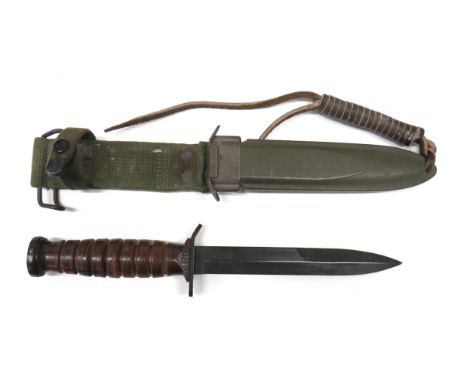 American M3 Combat Knife By Camillus  6 3/4 inch, single edged, blackened blade with back edge sharpened point.   Steel, turn