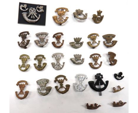 Selection Of Light Infantry Badgesincluding white metal Vic crown bugle ... Silvered strung bugle, screw post fittings ... Br
