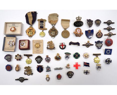 50 x Various Civilian Lapel Badges And Medallionsincluding gilt and enamel KC Red Cross Agriculture Fund in box ... White met